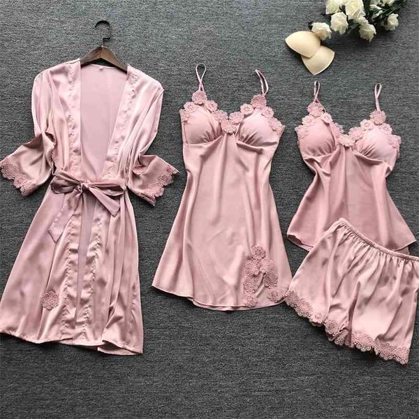 

women's 4 pieces pajamas sets robe sets faux silk sleepwear lace bathrobe autumn fashion lingerie big size 210330, Black;red