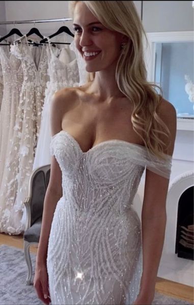

glitter lace sequins off the shoulder mermaid wedding dress for women sweetheart full length trumpet mermaid bridal gown boho robe de mariÃ©e, White