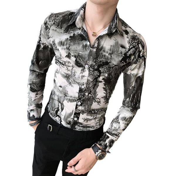 

men's casual shirts long sleeve shirt 2021 spring korean slim printed nightclub/banquet/prom dress clothing, White;black