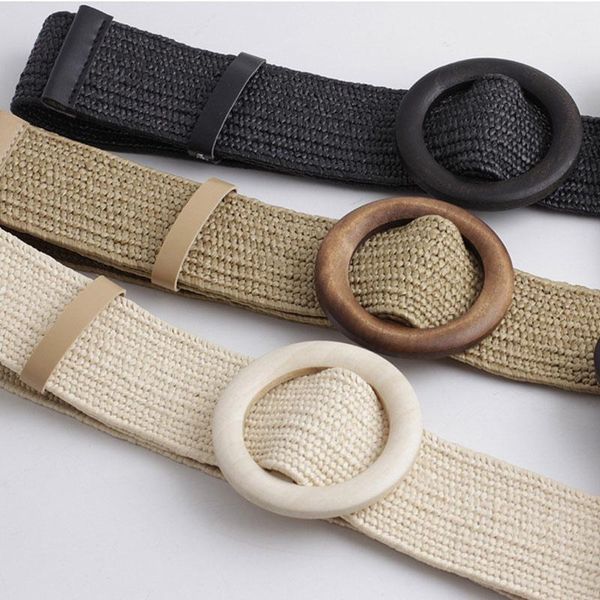 

belts women wide braided elastic belt for dress round bamboo buckle casual fashion girdle wood jade fake straw waistband, Black;brown