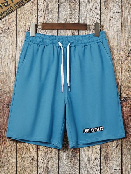 

men letter embroidered drawstring waist shorts w7au#, Black