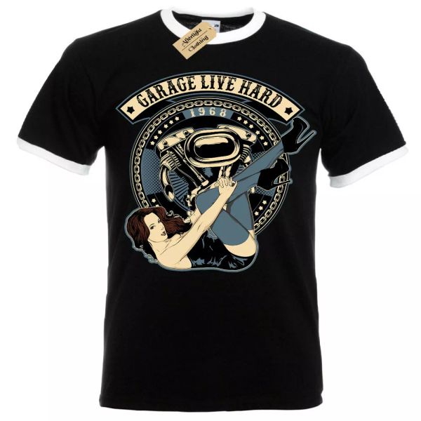 

garaje live duro camiseta pin-up rockabilly motor motor hombre ringer, White;black