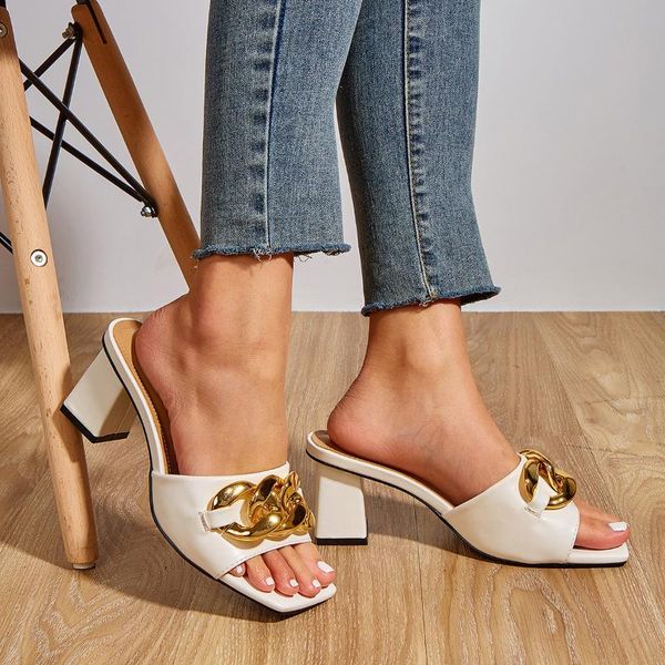 

chic metal chain slippers women pantuflas flip flops summer thick high heels shoes woman sandalias 2021 open toe slides, Black