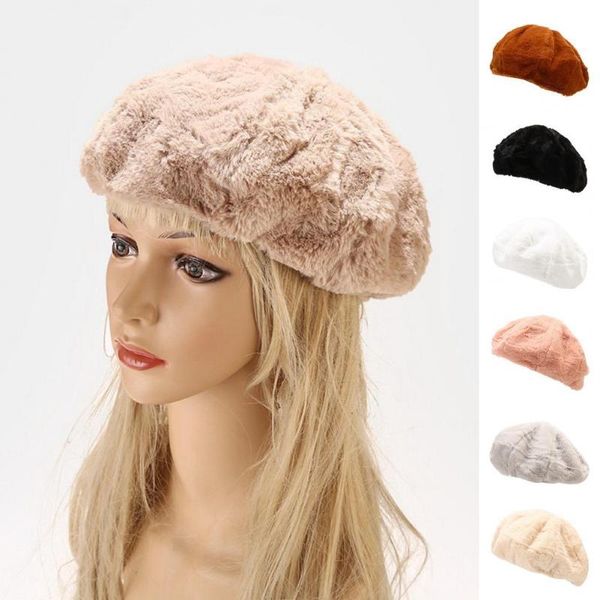 

berets women beret hat solid color plush thickened windproof warm cap elegant lady winter fashion headwear for outdoor, Blue;gray