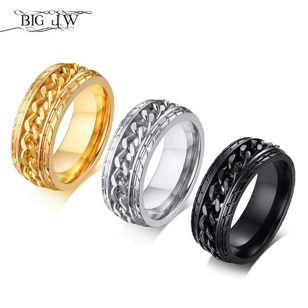 

wedding rings big j.w three-tone mens spinner 8mm stainless steel intertwine for men center chain male ring punk jewelry accessory, Slivery;golden
