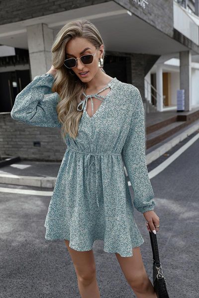 

v-neck print mini dress for women spring autumn fashion loose casual drawstring floral seaside vacation ladies dresses, Black;gray