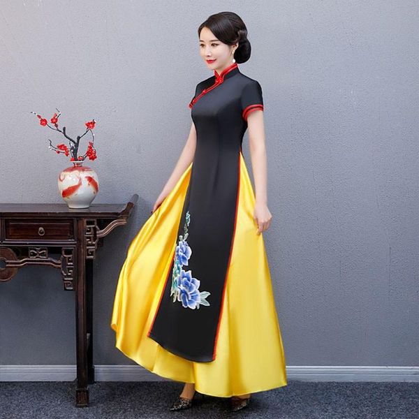 

ethnic clothing black chinese evening party dress gown lady exquisite embroidery floral cheongsam bige size 3xl 4xl qipao vintage vestidos, Red