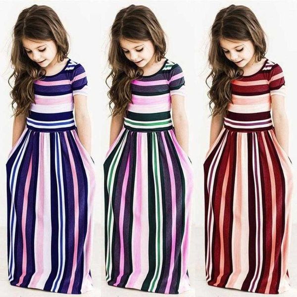 Abiti per bambini per ragazze Toddler Baby Girls Striped Beach Strap Abbigliamento Abito lungo Bohemian Children Party Beachwear Dress Outfit Q0716