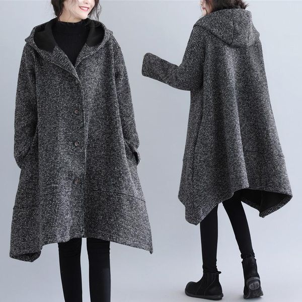 

women's wool & blends autumn winter plus size long poncho cloak coat women korean kawaii ladies asymmetric a-line hooded woolen manteau, Black