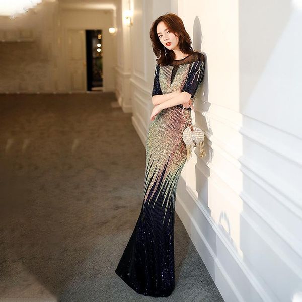 

black sequin evening dress female 2021 banquet annual meeting host slim and thin temperament long fishtail skirt ethnic clothing, Red