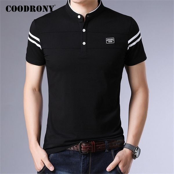 

coodrony brand summer short sleeve t shirt men cotton tee homme streetwear fashion stand collar t- clothes c5096s 210714, White;black