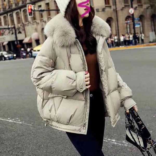 

women's parkas down ladies jacket 2021 european winter clothes short loose fashion temperament small real fox fur collar out of season, Black