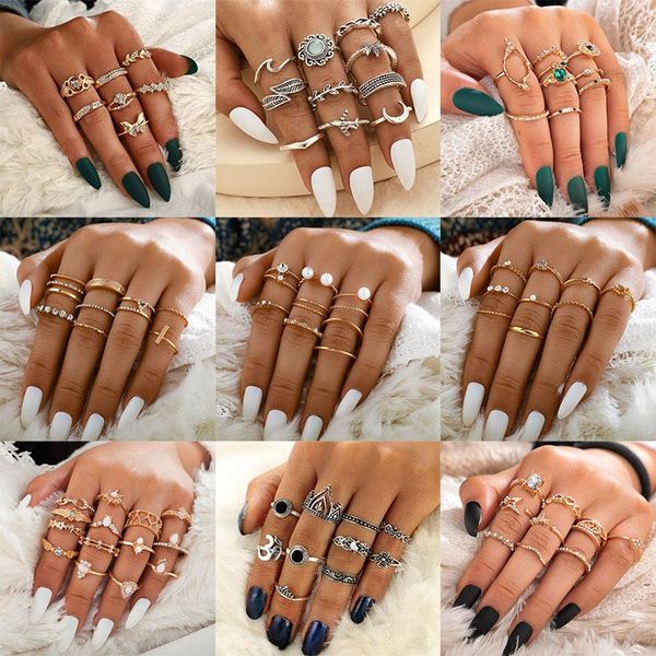 

wedding rings 14styles bohemian crystal butterfly crown leaf water drop moon imitation pearl ring luxury set women charm joint jewelry, Slivery;golden