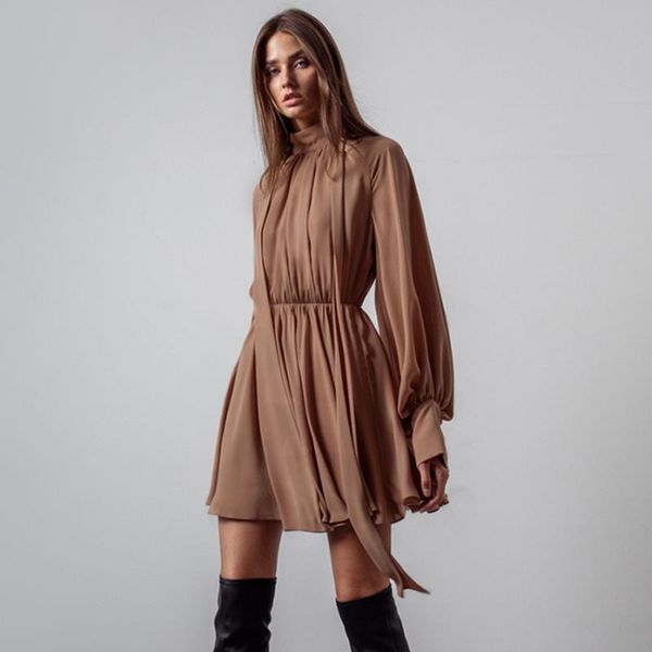 

casual dresses autumn women short bow ribbon a line chiffon dress, Black;gray