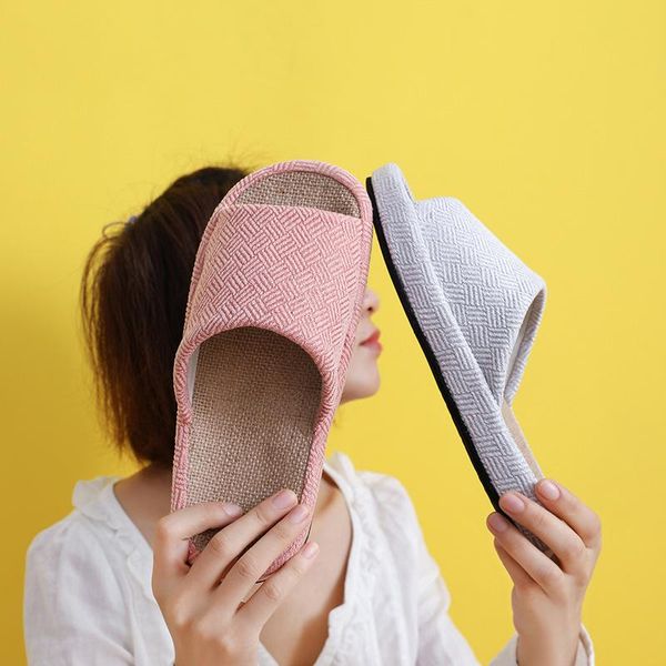 

summer women flax slippers couple home fashion cotton linen shoes house floor flip flops men bedroom soft thick non-slip slides, Black