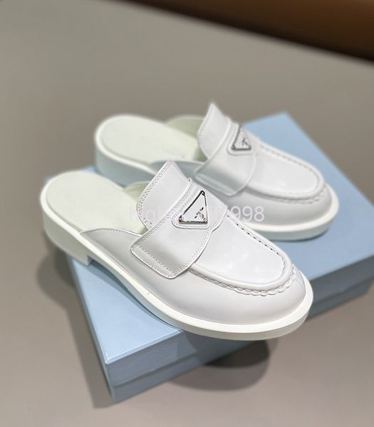 

slippers p family women's shoes triangular label semi slipper lefu casual patent leather muller baotou thick heel slippers, Black