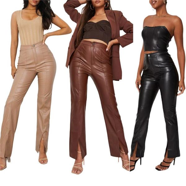 

women's pants & capris women fashion leather split trousers, high waist outerwear casual party street straight loose sliming pants, s, Black;white