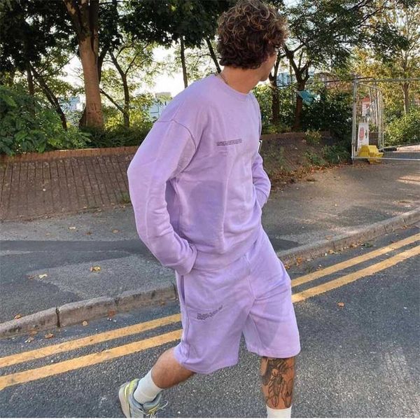 

couples clothing loose sweatshirts+long short 2 pieces suit men 100% cotton casual tracksuit 211106, Gray