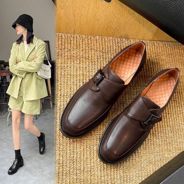 

dress shoes platform for women metal buckle chunky heels pumps female genuine leather working basic round toe woman, Black