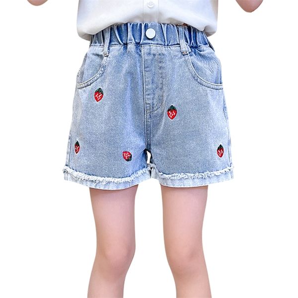 

girls short jeans embroidery kids girl cuffs children's summer clothes 6 8 10 12 14 210528, Blue