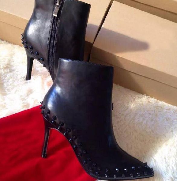 

boots designer brand women high heel pointed red 8cm 10cm thin rivets motorcycle warm suede 35-42 dust bag, Black