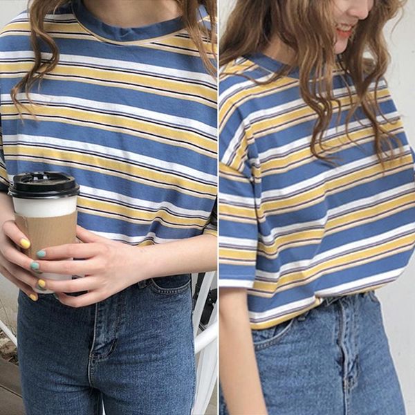 

women's t-shirt korean striped short sleeve blue, White