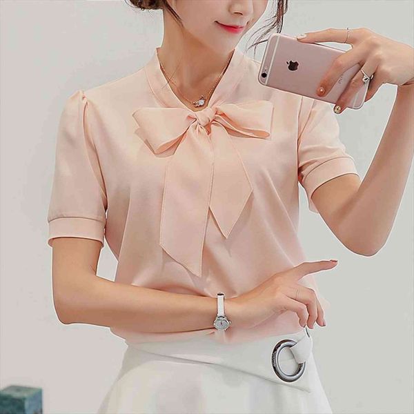 

summer short sleeve bow chiffon womens blouses elegant office plus size work femal clothing, White