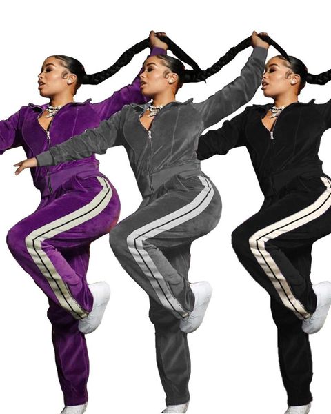 

sreiped velour tracksuits women winter colthes patchwork acrivewear sporty long sleeve zipper sweatpants velvet, Gray