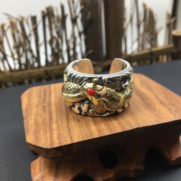 

sterling silver carp koi ring for men opening type lucky fish good color vintage jewelry cluster rings, Golden;silver