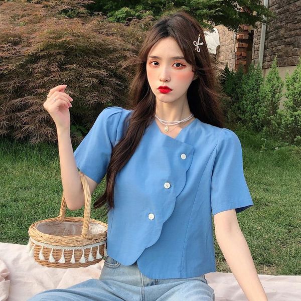 

women's blouses & shirts summer french shirt sweet student irregular short short-sleeved blouse female, White