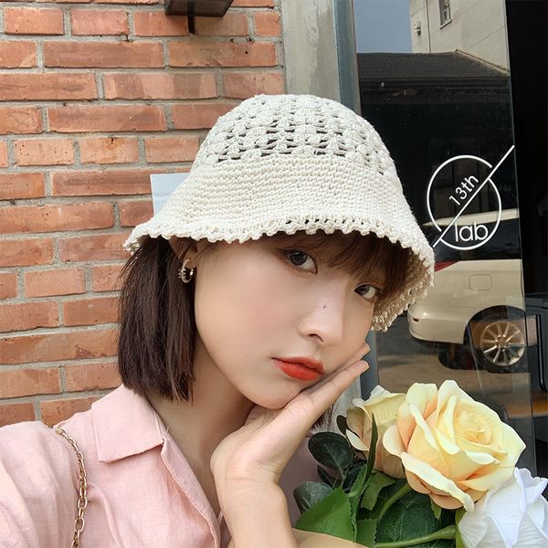 

fisherman's hat korean fashion versatile summer thin sunshade woven breathable hollow beige bucket hat, Blue;gray