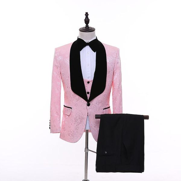 

men's suits & blazers 3pc pink flowers patterned suit set wedding bridegroom man jacket pant vest slim fit men business high-quality, White;black
