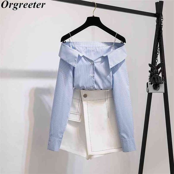 

spring off shoulder long sleeve striped shirt + misplaced high waist all-match culottes two piece ladies sets 210602, White
