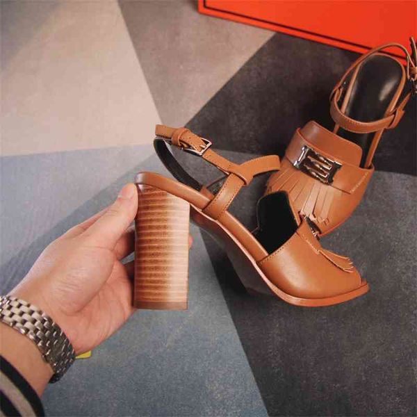 

luxury brand leather heels sandals women chunky heel ladies shoes metal fringe sandalias buckle chaussure femme, Black