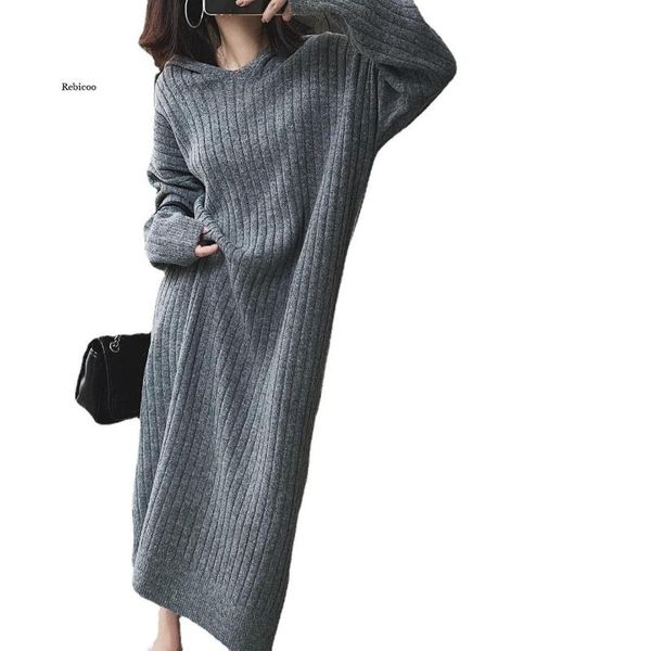 

casual dresses winter women dress korean hooded over-the-knee knit loose woolen skirt base long sweater, Black;gray