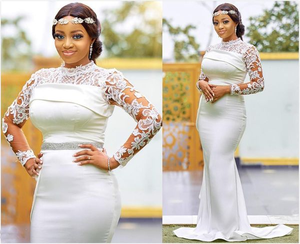 

high collar aso ebi mermaid wedding gowns long sleeves lace applique beaded sash bridal dress sweep train trumpet vestidos de novia, White