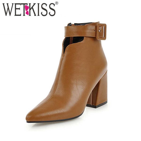 

wetkiss ankle strap high heels women boots pointed toe footwear zip female boot pu shoes woman winter plus size 34-46 210630, Black