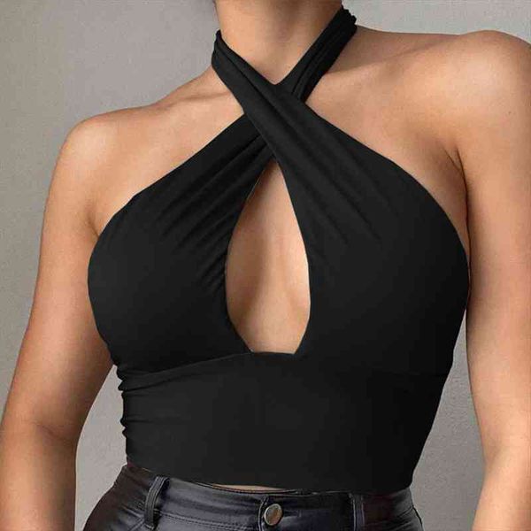 

women strappy cross over front cut out neck sleeveless backless crop bandage vest summer woman clothes, White