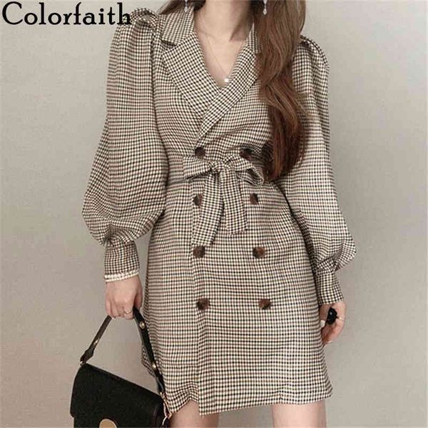 

colorfaith new autumn winter women's blazers jackets plaid vintage oversized lady puff sleeve lace up checkered jk0122 210413, White;black