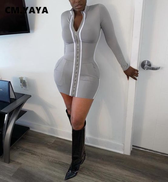 

casual dresses cm.yaya autumn winter zipper patchwork women long sleeve midi bodycon dress streetwear pencil activewear, Black;gray