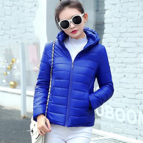 

women's trench coats fashion blue color slim jackets ultralight warm female cotton-padded hood elegant short casual zipper lady outwear, Tan;black