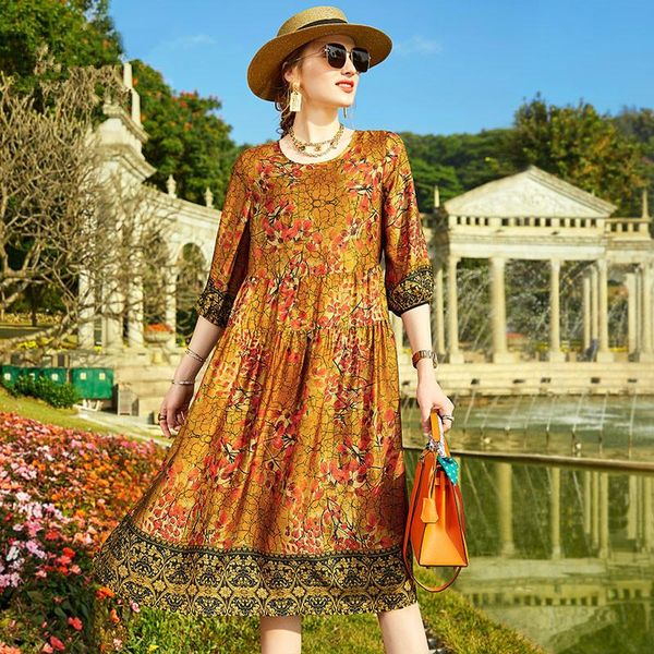 

casual dresses summer loose print mulberry silk midi dress 2021 spring boho 4xl plus size beach sundress women elegant bodycon vestidos, Black;gray