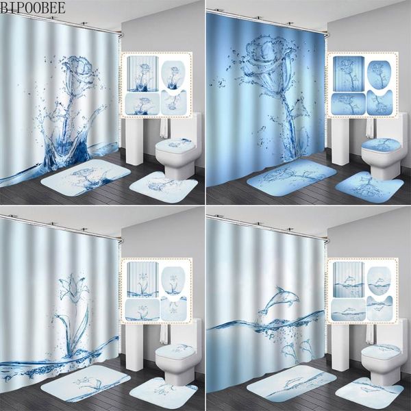 

water styling shower curtain set bath mats rugs for bathroom decoration rose flower dolphin toilet cover anti-slip carpet curtains