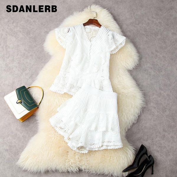 

women's tracksuits 2021 summer clothing v-neck shirt flounce loose slimming hollow embroidered shorts fashion white two piece suit, Gray