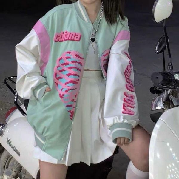 

women's jackets winter american streetwear skull baseball jacket hip-hop couples harajuku oversize female love embroidery y2k stitch co, Black;brown