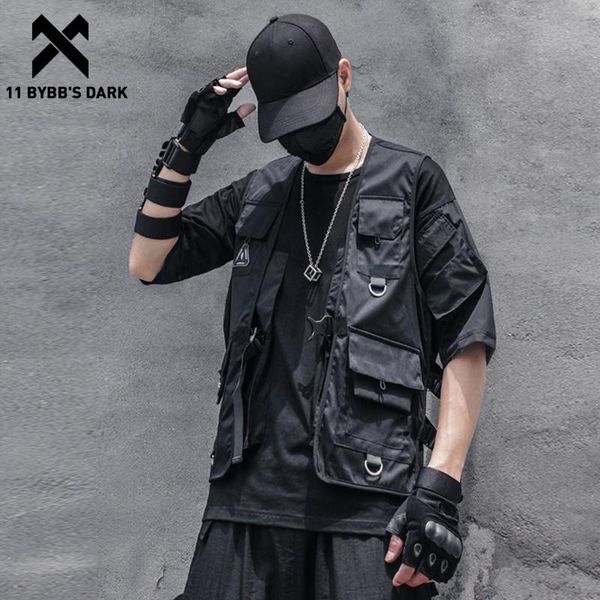 

men's vests 11 bybb's dark tactical mulit pockets sport waist belt men multifunction cargo streetwear sleeveless jacket, Black;white