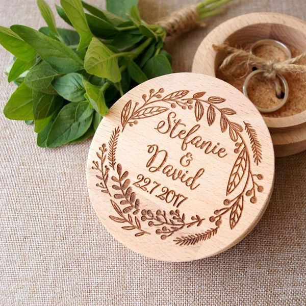 

gift wrap engraved wedding ring box with floral name custom rustic wood bearer holder engagement proposal jewelry
