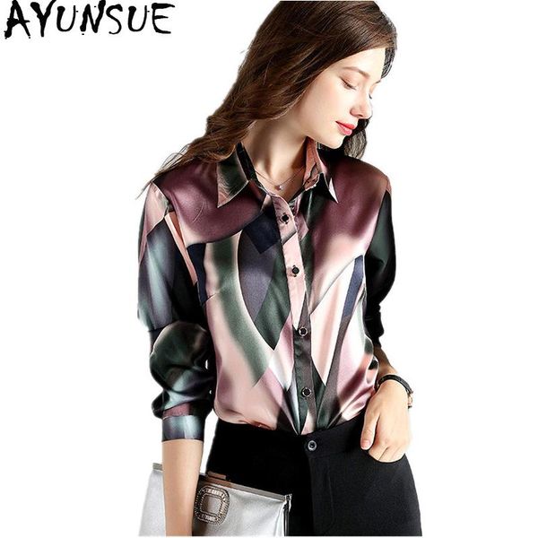 

women's blouses & shirts ayunsue 2021 spring fashion 92% silk blouse office shirt long sleeve women plus size blusa feminina b180680, White