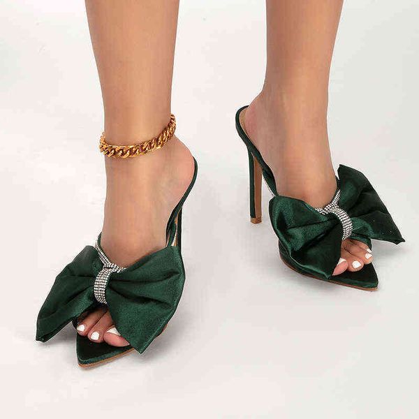 

slippers crystal bowknot thin high heels women party wedding shoes new pointed toe for slides size 42 220308, Black