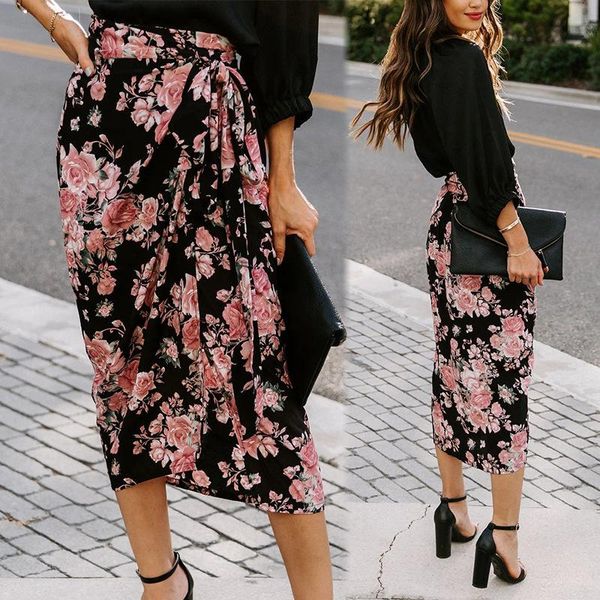 

skirts irregular 2021 summer high waist floral printed knee length side split slash wrap skirt wdc6648, Black